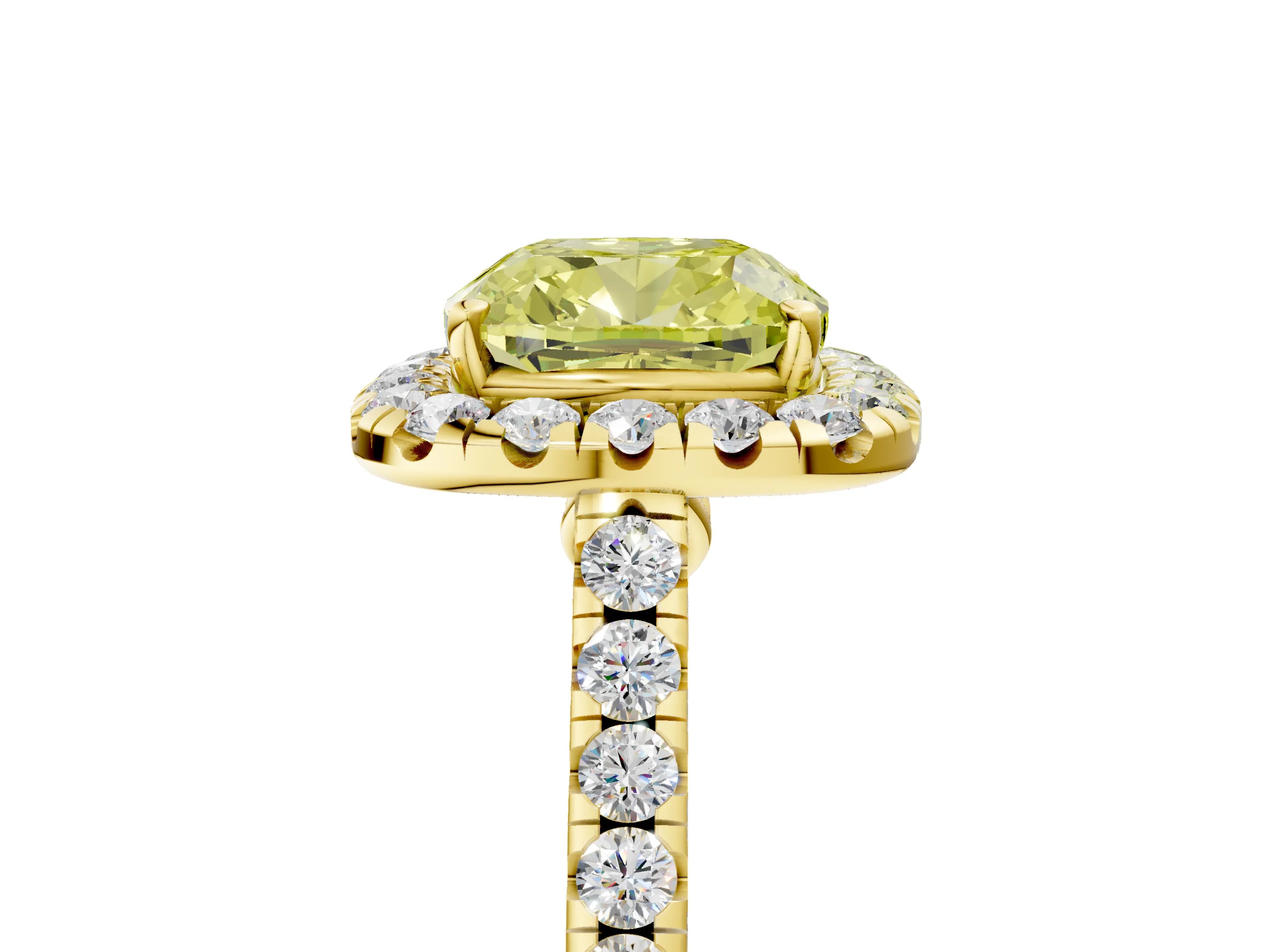 Yellow gold Fancy Yellow Cushion Cut Halo Pave Diamond Engagement Ring with Four-Prong Setting_5
