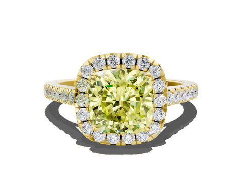 Yellow gold Fancy Yellow Cushion Cut Halo Pave Diamond Engagement Ring with Four-Prong Setting