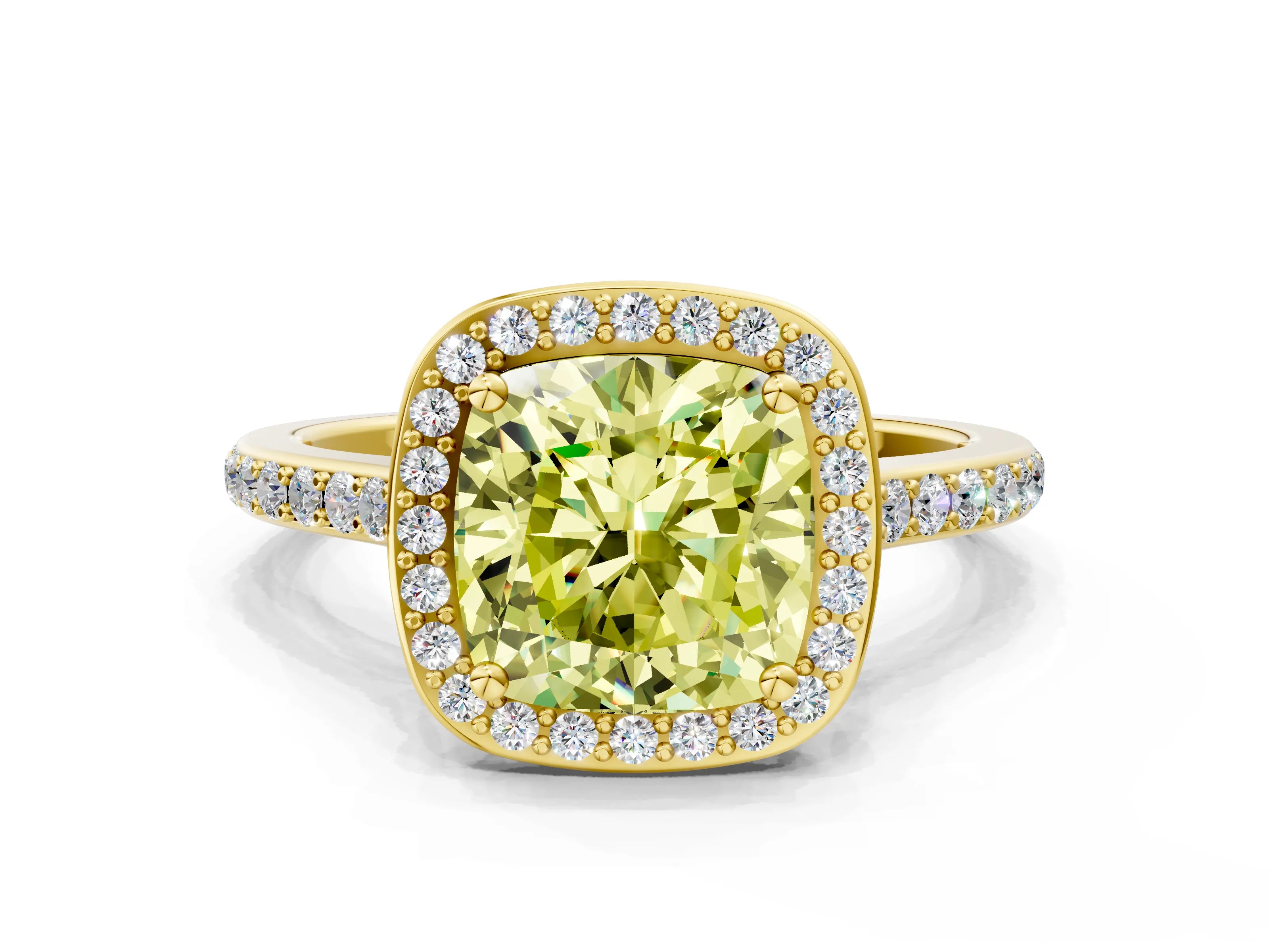 Yellow gold Fancy Yellow Cushion Cut Halo Round Diamond Pavé Band with Four-Prong Setting_3