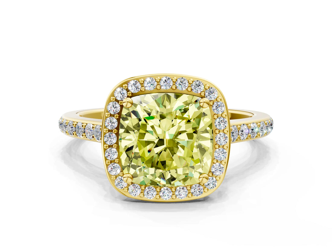 Yellow gold Fancy Yellow Cushion Cut Halo Round Diamond Pavé Band with Four-Prong Setting_3