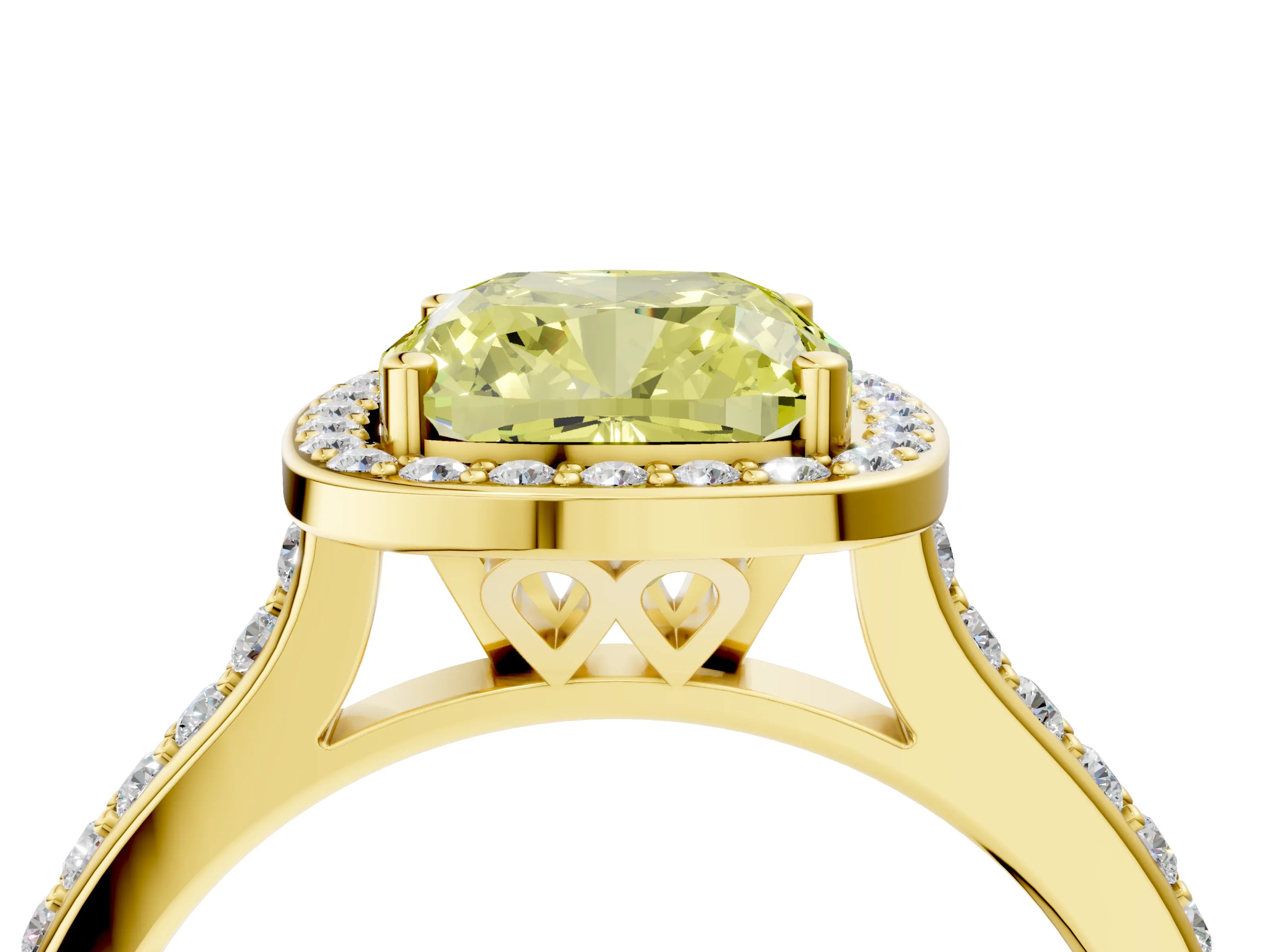 Yellow gold Fancy Yellow Cushion Cut Halo Round Diamond Pavé Band with Four-Prong Setting_7