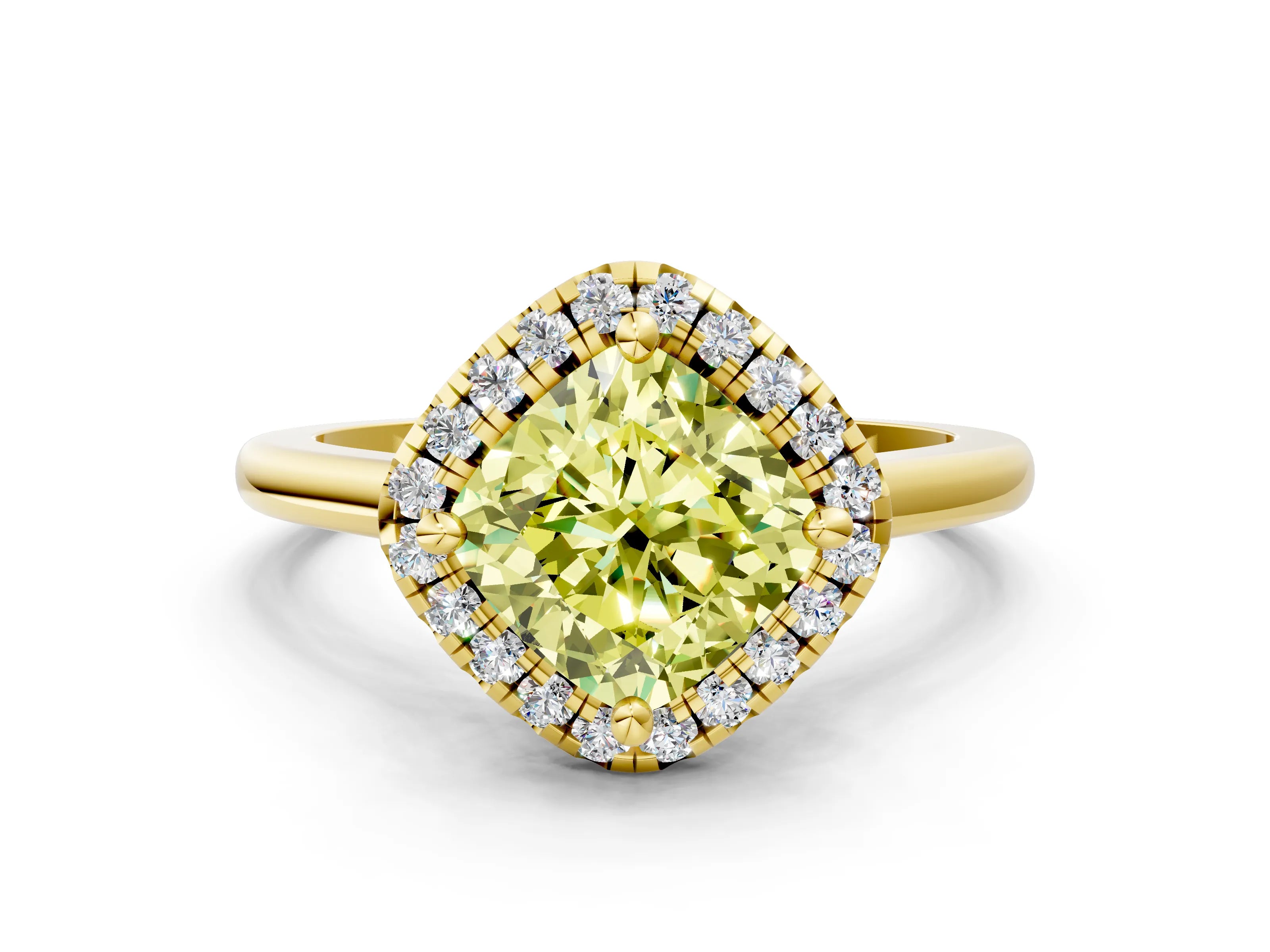 Yellow gold Fancy Yellow Cushion Cut Halo Round Diamond Solitaire Engagement Ring with Pave Band and Four-Prong Setting_12