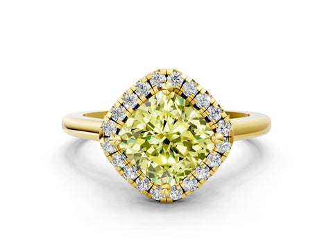 Yellow gold Fancy Yellow Cushion Cut Halo Round Diamond Solitaire Engagement Ring with Pave Band and Four-Prong Setting_12