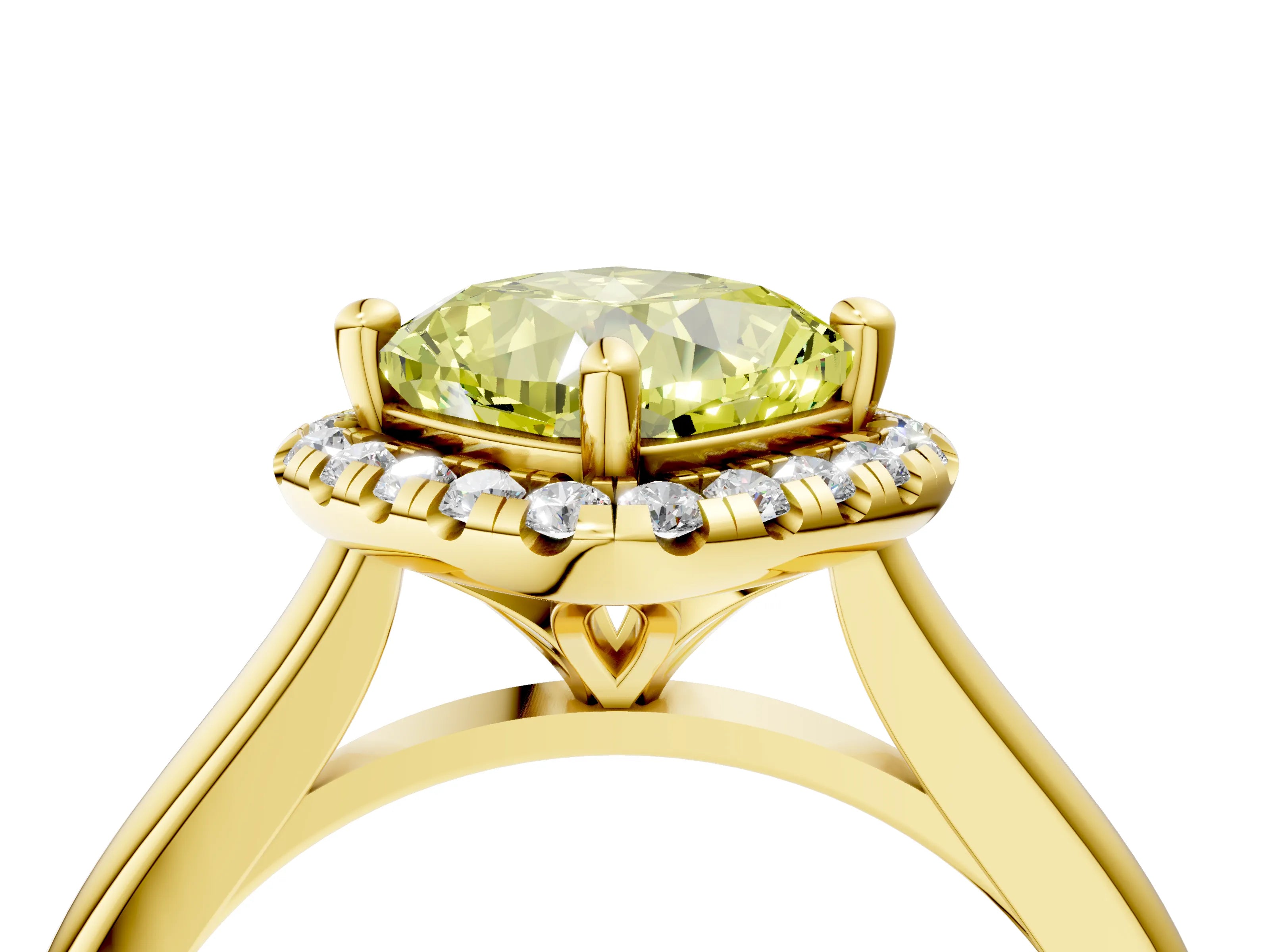 Yellow gold Fancy Yellow Cushion Cut Halo Round Diamond Solitaire Engagement Ring with Pave Band and Four-Prong Setting_16