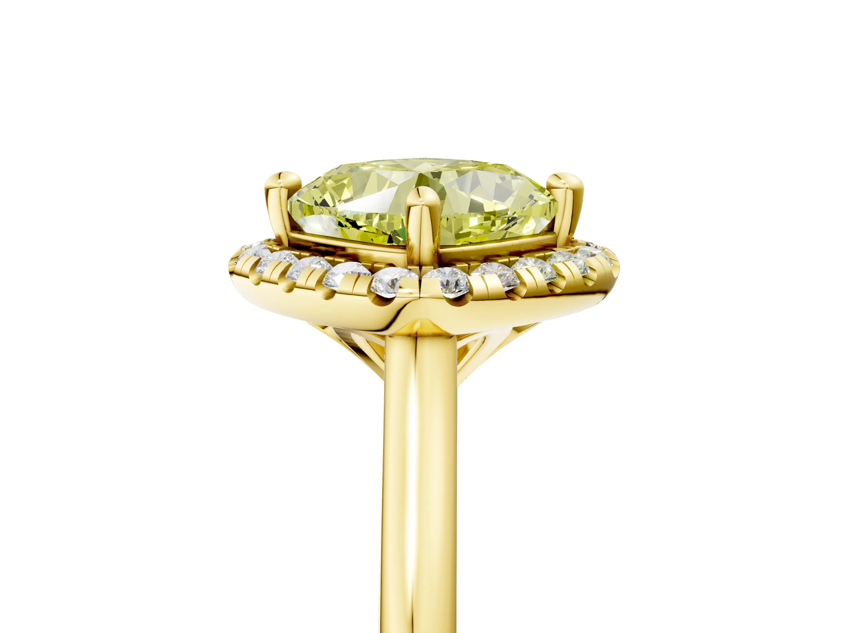 Yellow gold Fancy Yellow Cushion Cut Halo Round Diamond Solitaire Engagement Ring with Pave Band and Four-Prong Setting_17