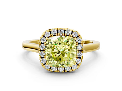 Yellow gold Fancy Yellow Cushion Cut Halo Round Diamond Solitaire Ring with Pavé Band and Four-Prong Setting_12