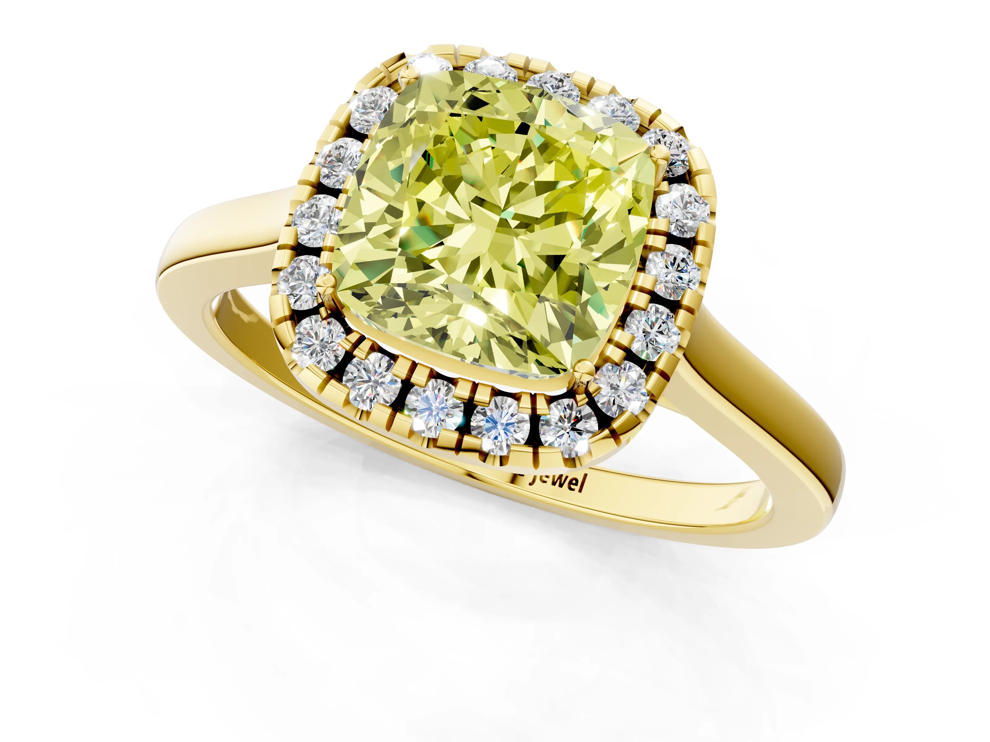 Yellow gold Fancy Yellow Cushion Cut Halo Round Diamond Solitaire Ring with Pavé Band and Four-Prong Setting_13