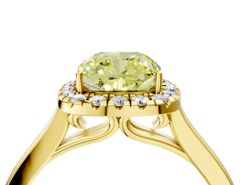 Yellow gold Fancy Yellow Cushion Cut Halo Round Diamond Solitaire Ring with Pavé Band and Four-Prong Setting_16