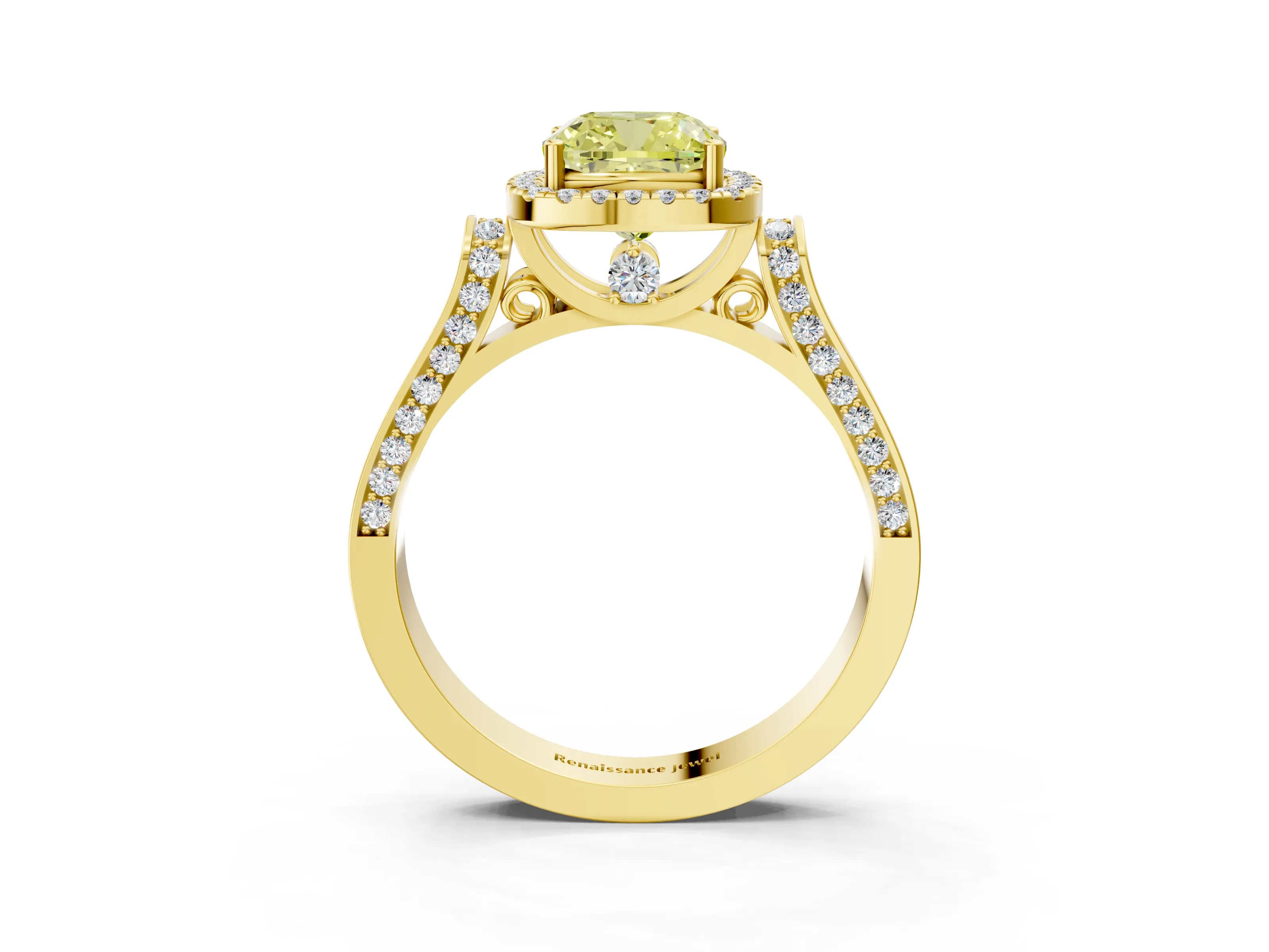 Yellow gold Fancy Yellow Cushion Cut Halo Round Diamond Twist Band with Four-Prong Setting_3