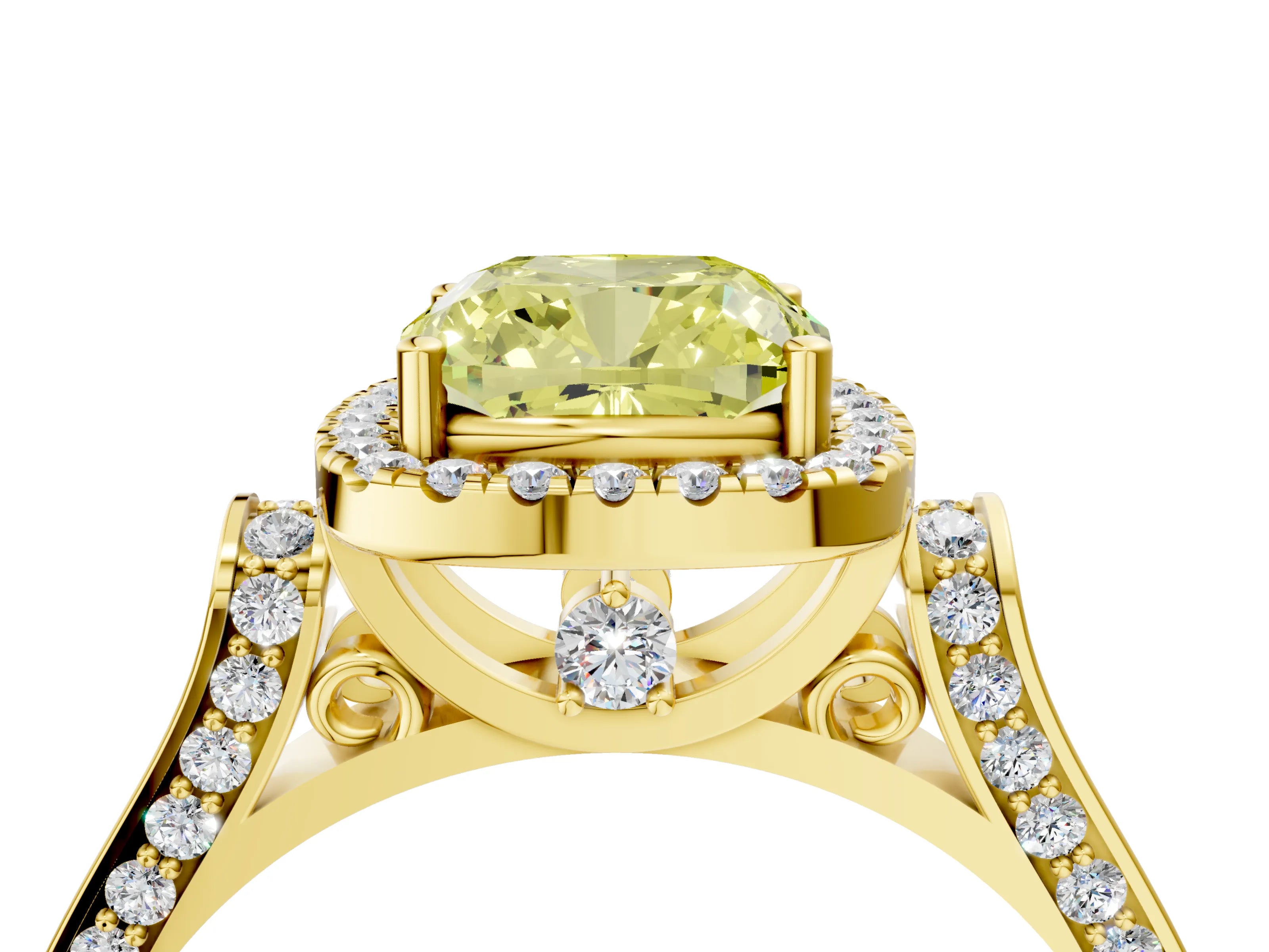Yellow gold Fancy Yellow Cushion Cut Halo Round Diamond Twist Band with Four-Prong Setting_4