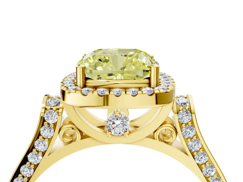 Yellow gold Fancy Yellow Cushion Cut Halo Round Diamond Twist Band with Four-Prong Setting_4