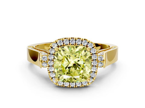Yellow gold Fancy Yellow Cushion Cut Halo Round Diamond Twist Band with Four-Prong Setting