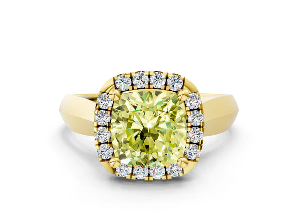 Yellow gold Fancy Yellow Cushion  Cut Halo Solitaire Engagement Ring with Square Band and Four-Prong Setting