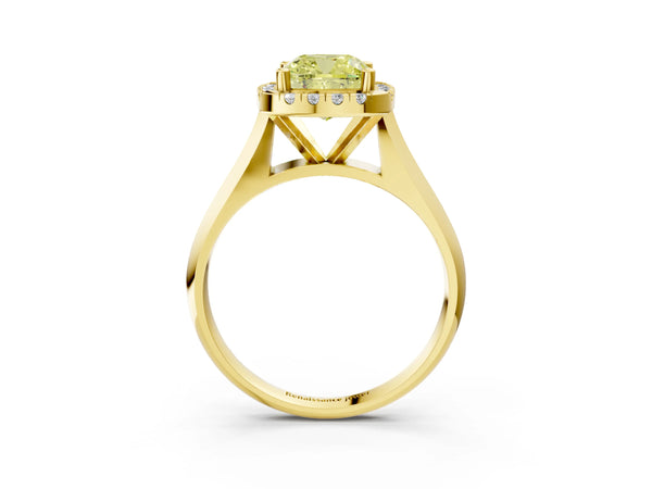 Yellow gold Fancy Yellow Cushion  Cut Halo Solitaire Engagement Ring with Square Band and Four-Prong Setting
