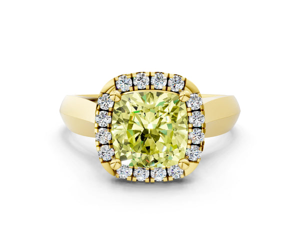 Yellow gold Fancy Yellow Cushion  Cut Halo Solitaire Engagement Ring with Square Band and Four-Prong Setting