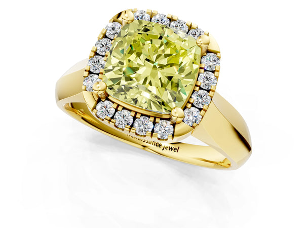 Yellow gold Fancy Yellow Cushion  Cut Halo Solitaire Engagement Ring with Square Band and Four-Prong Setting