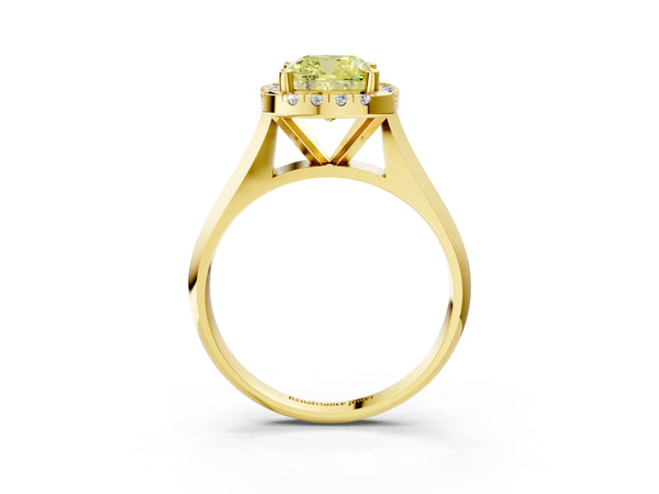 Yellow gold Fancy Yellow Cushion  Cut Halo Solitaire Engagement Ring with Square Band and Four-Prong Setting