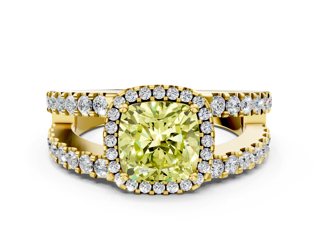 Yellow gold Fancy Yellow Cushion  Cut Halo Split Shank Diamond Ring with Four-Prong Setting_45