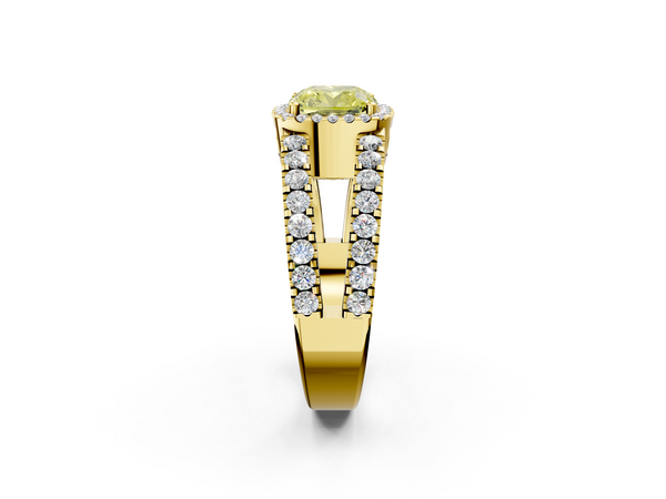 Yellow gold Fancy Yellow Cushion  Cut Halo Split Shank Diamond Ring with Four-Prong Setting