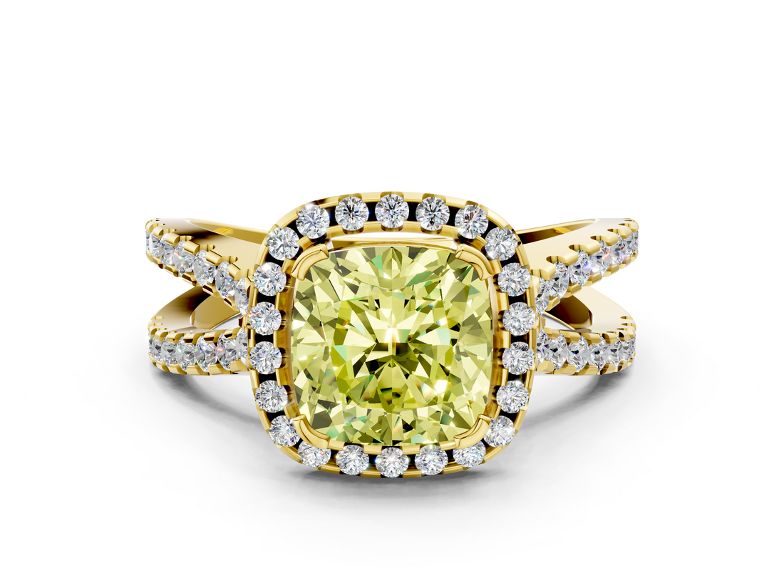 Yellow gold Fancy Yellow Cushion  Cut Halo Split Shank Pave Set Ring_62
