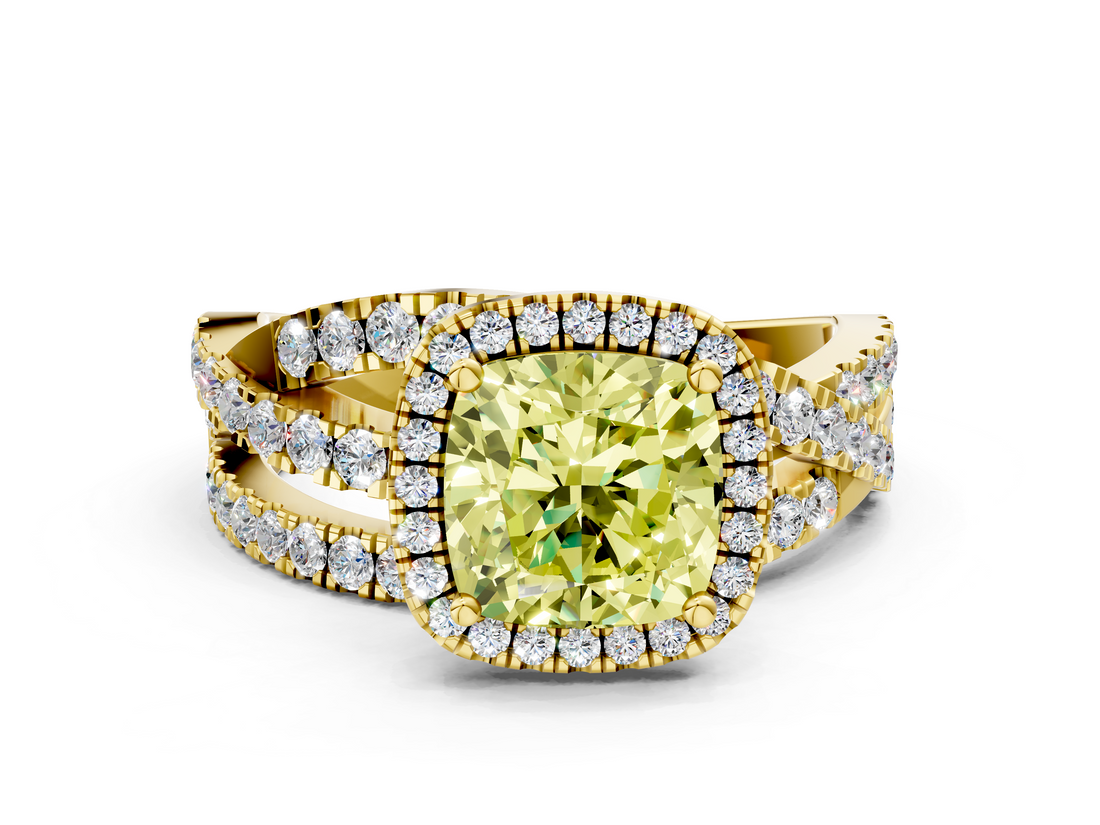 Yellow gold Fancy Yellow Cushion  Cut Halo Split Shank Prong Setting Ring_60