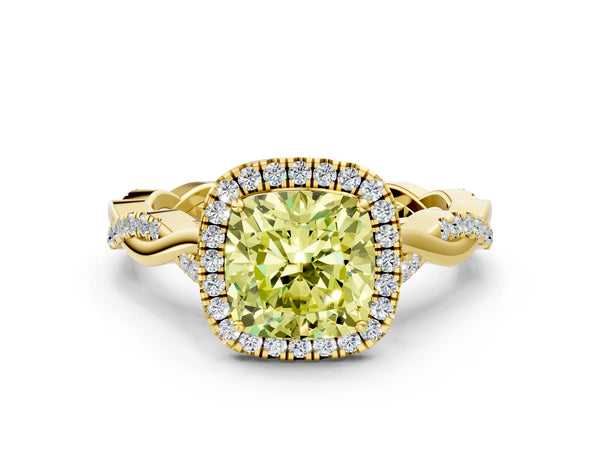 Yellow gold Fancy Yellow Cushion Cut Halo Twist Band with Four-Prong Setting