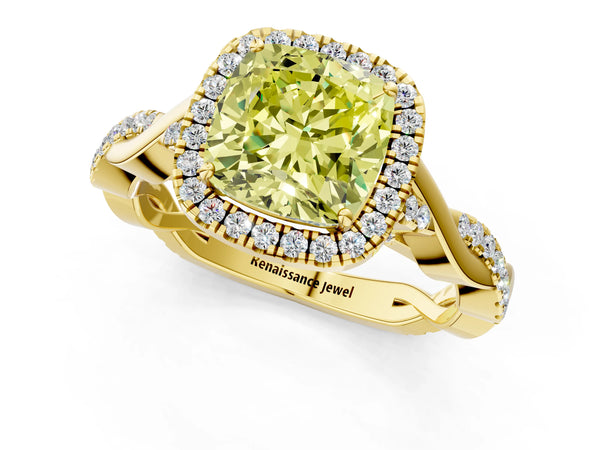 Yellow gold Fancy Yellow Cushion Cut Halo Twist Band with Four-Prong Setting