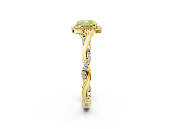 Yellow gold Fancy Yellow Cushion Cut Halo Twist Band with Four-Prong Setting