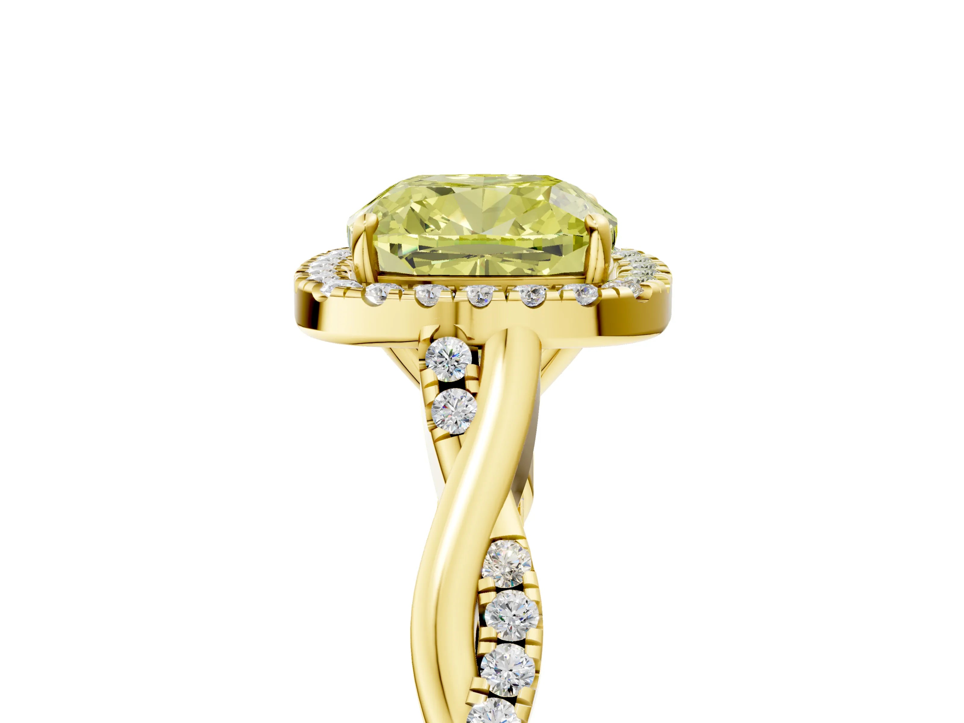 Yellow gold Fancy Yellow Cushion Cut Halo Twist Band with Four-Prong Setting_5