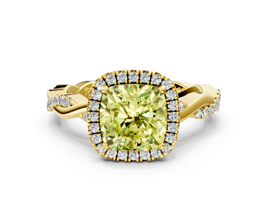 Yellow gold Fancy Yellow Cushion  Cut Halo Twisted Band Four-Prong Ring_20