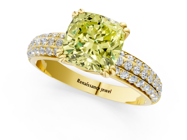 Yellow gold Fancy Yellow Cushion  Cut Pave Diamond Engagement Ring with Channel Set Band and Four-Prong Setting