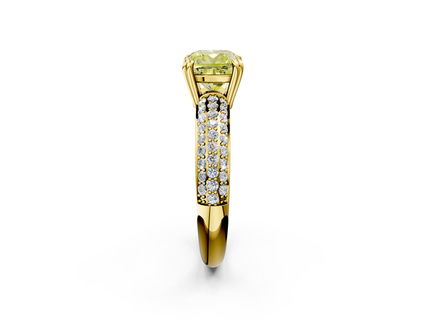Yellow gold Fancy Yellow Cushion  Cut Pave Diamond Engagement Ring with Channel Set Band and Four-Prong Setting