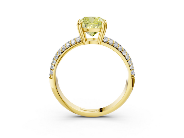 Yellow gold Fancy Yellow Cushion  Cut Pave Diamond Engagement Ring with Channel Set Band and Four-Prong Setting
