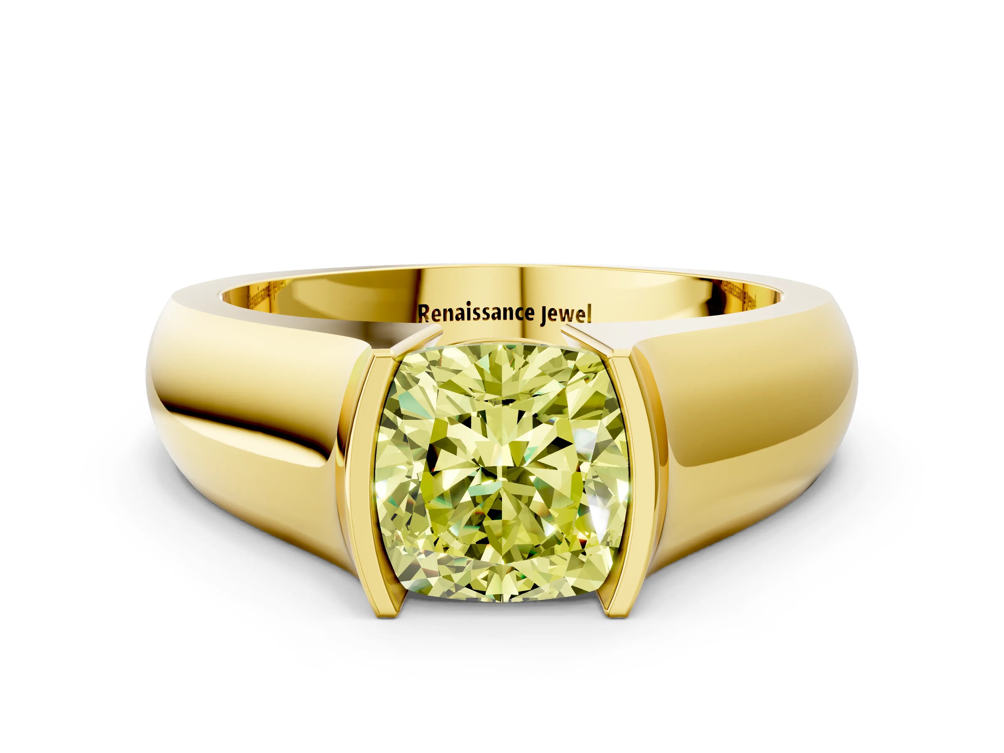 Yellow gold Fancy Yellow Cushion Cut Solitaire Bezel Set Diamond Ring with Wide Band