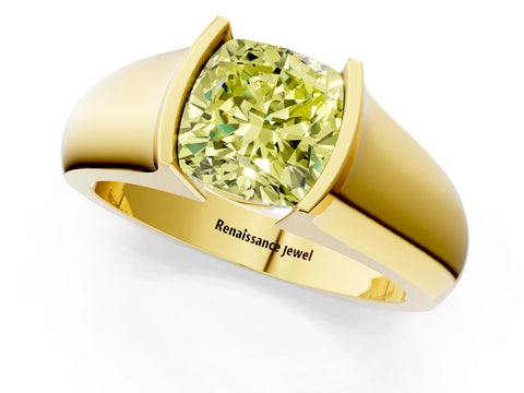 Yellow gold Fancy Yellow Cushion Cut Solitaire Bezel Set Diamond Ring with Wide Band_1