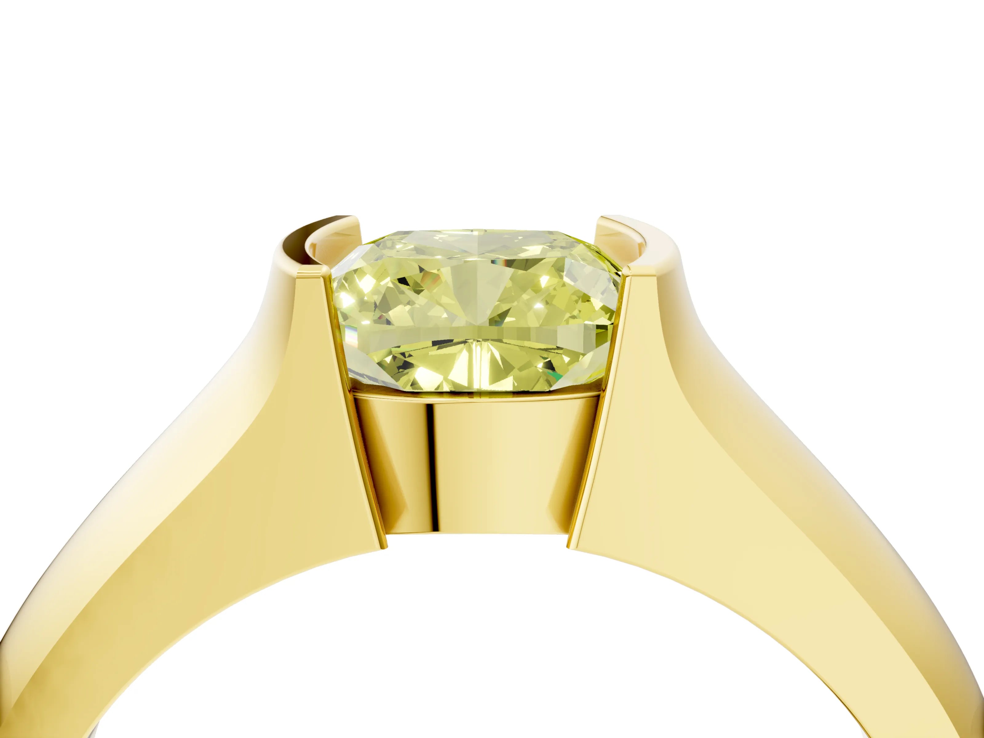Yellow gold Fancy Yellow Cushion Cut Solitaire Bezel Set Diamond Ring with Wide Band_4