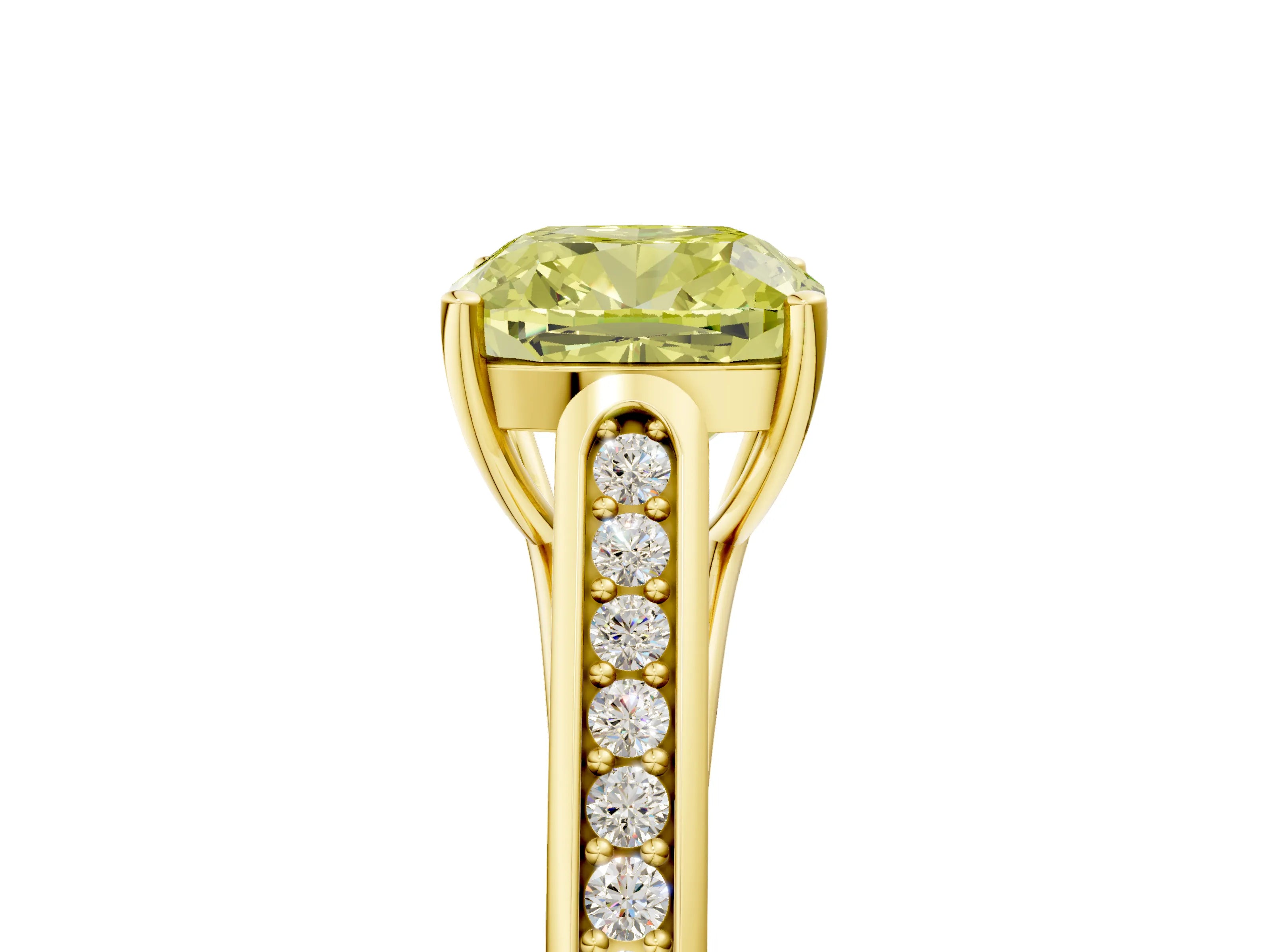 Yellow gold Fancy Yellow Cushion Cut Solitaire Cathedral Diamond Engagement Ring with Channel-Set Band and Four-Prong Setting_8