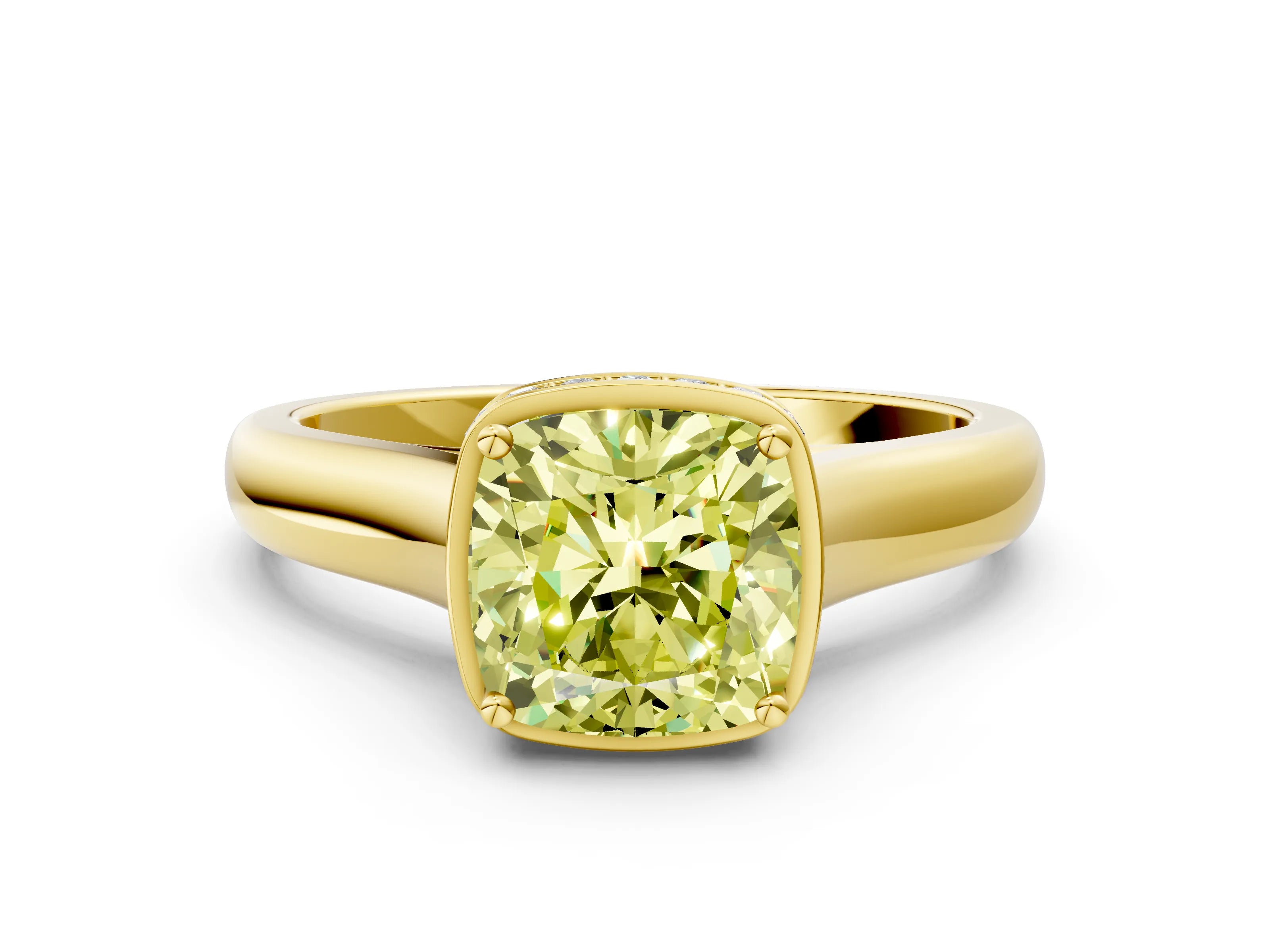 Yellow gold Fancy Yellow Cushion Cut Solitaire Diamond Engagement Ring with Four-Prong Setting and Tapered Band