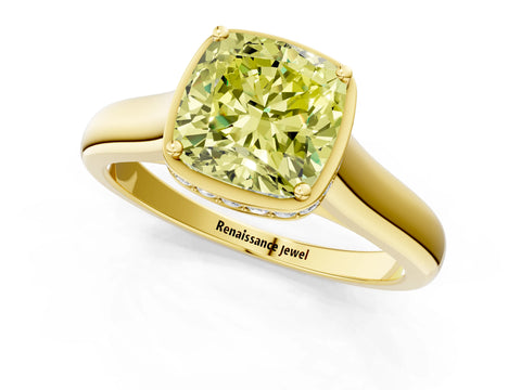 Yellow gold Fancy Yellow Cushion Cut Solitaire Diamond Engagement Ring with Four-Prong Setting and Tapered Band_1