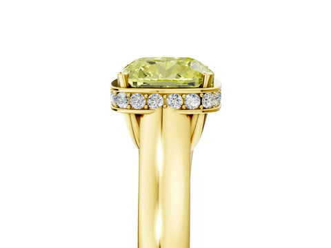 Yellow gold Fancy Yellow Cushion Cut Solitaire Diamond Engagement Ring with Four-Prong Setting and Tapered Band_5