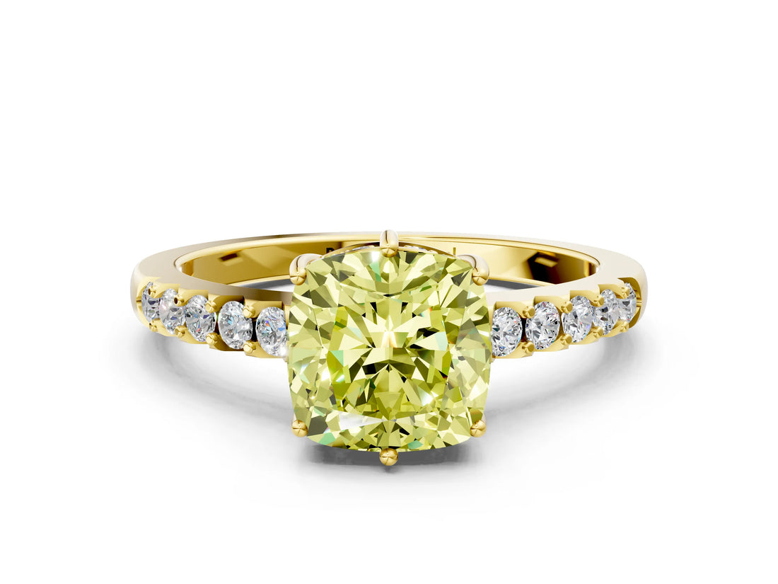 Yellow gold Fancy Yellow Cushion Cut Solitaire Diamond Engagement Ring with Pavé Band and Six-Prong Setting_12