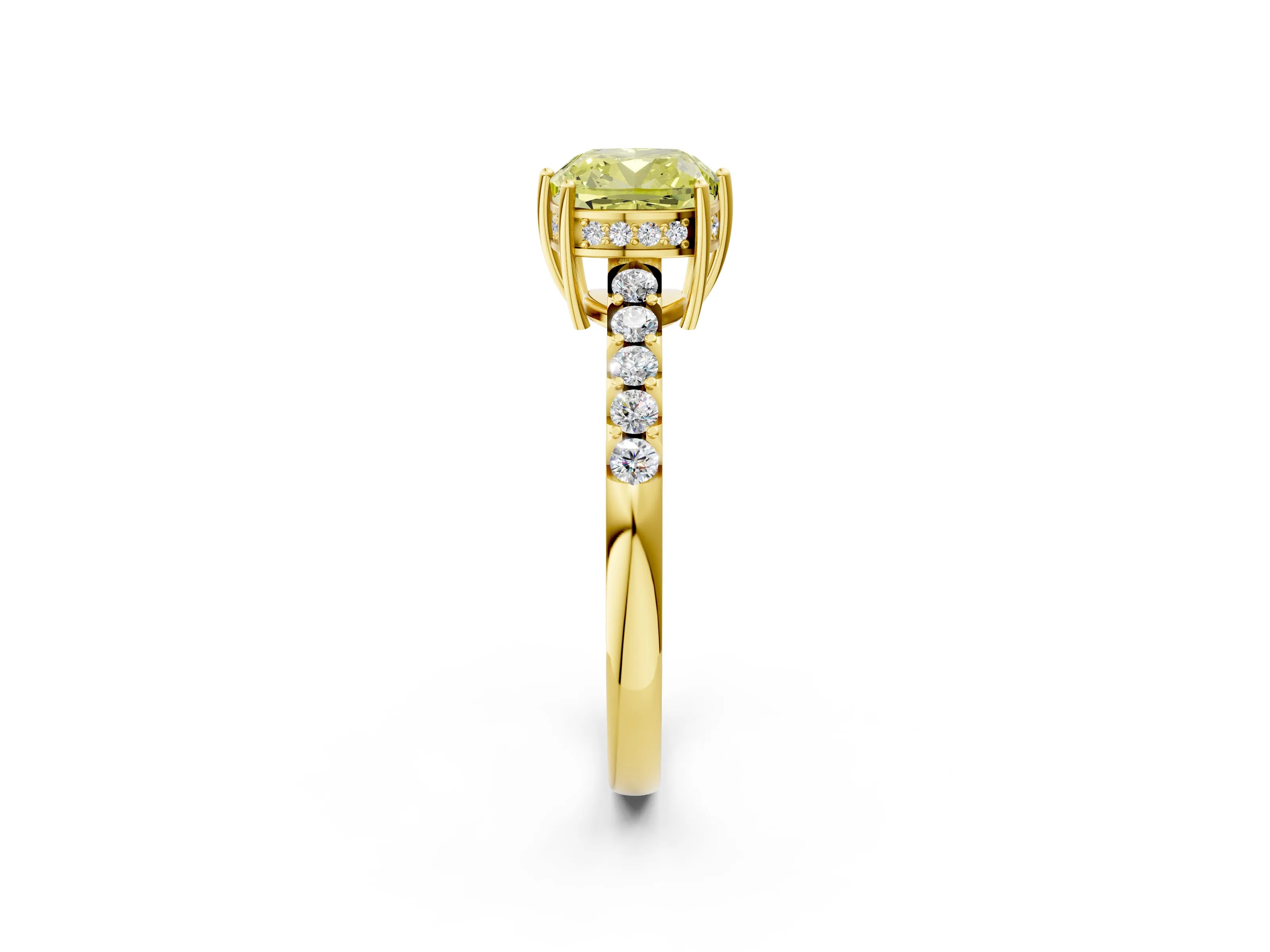 Yellow gold Fancy Yellow Cushion Cut Solitaire Diamond Engagement Ring with Pavé Band and Six-Prong Setting_14