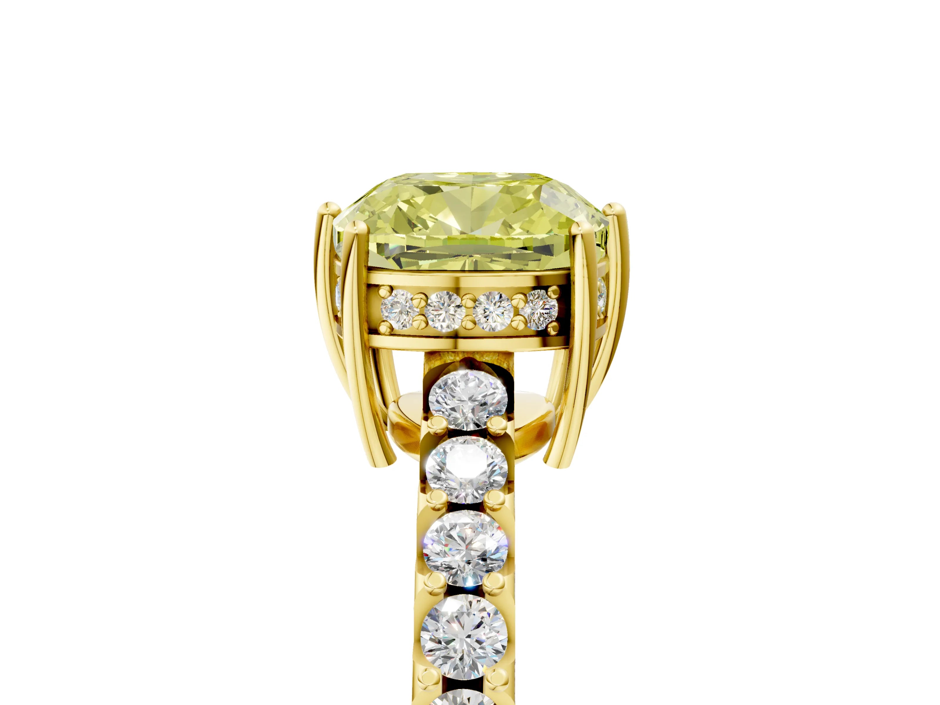 Yellow gold Fancy Yellow Cushion Cut Solitaire Diamond Engagement Ring with Pavé Band and Six-Prong Setting_17
