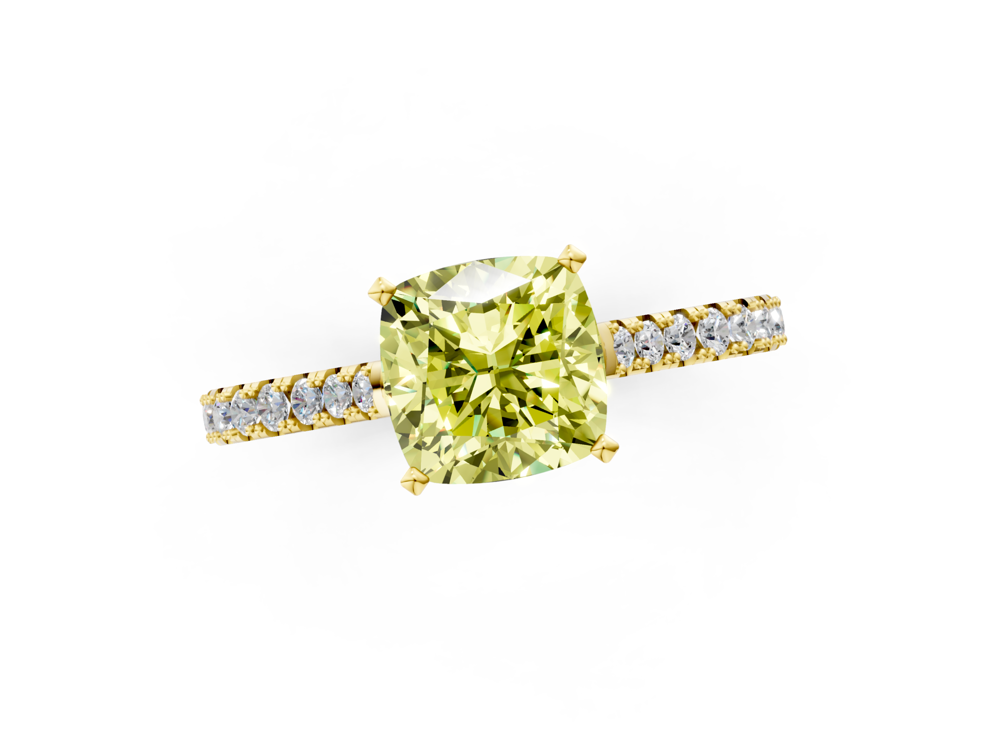 Yellow gold Fancy Yellow Cushion  Cut Solitaire Diamond Engagement Ring with Pave Band and Four-Prong Setting_124