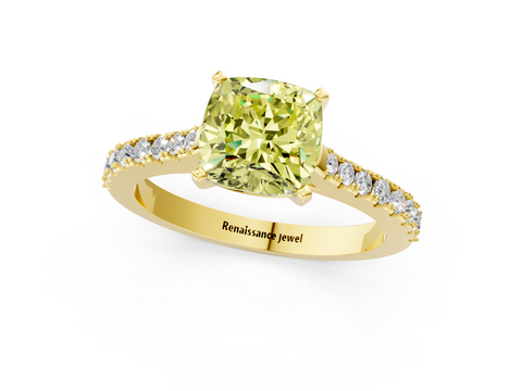 Yellow gold Fancy Yellow Cushion  Cut Solitaire Diamond Engagement Ring with Pave Band and Four-Prong Setting_125