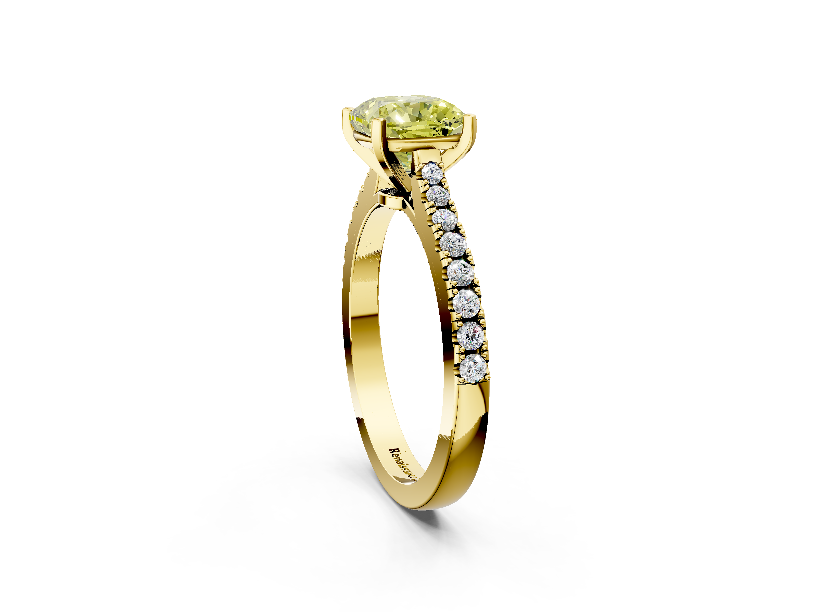 Yellow gold Fancy Yellow Cushion  Cut Solitaire Diamond Engagement Ring with Pave Band and Four-Prong Setting_126