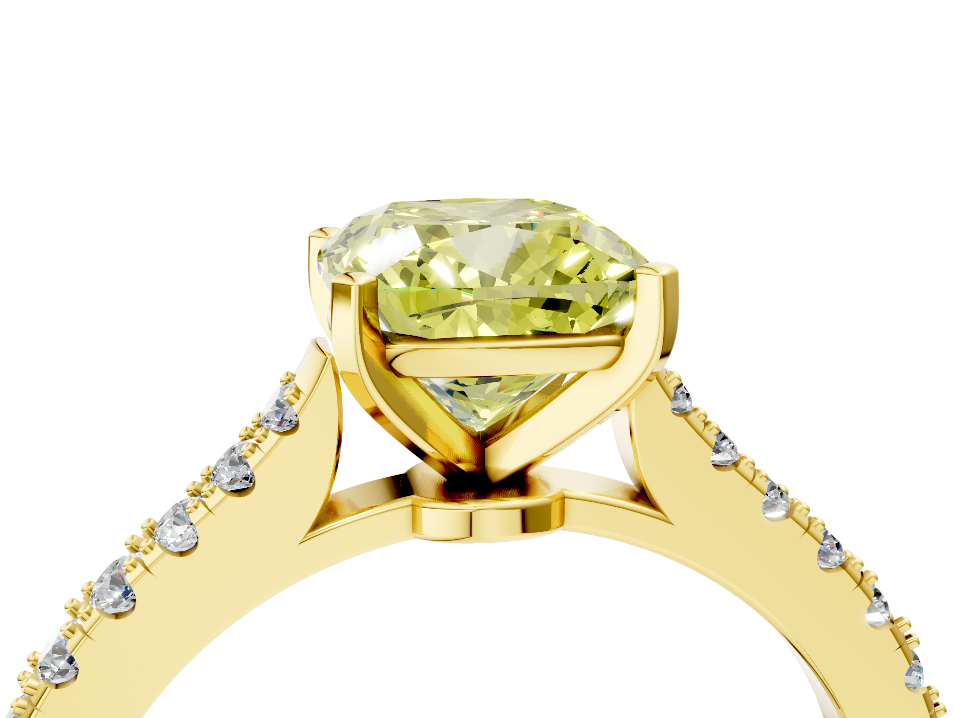 Yellow gold Fancy Yellow Cushion  Cut Solitaire Diamond Engagement Ring with Pave Band and Four-Prong Setting_128