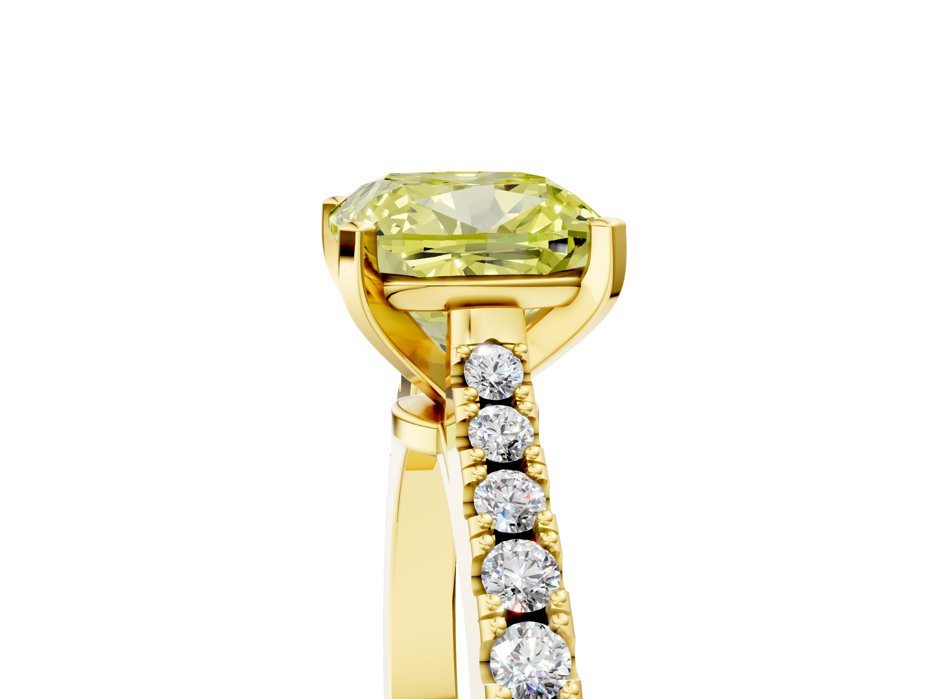 Yellow gold Fancy Yellow Cushion  Cut Solitaire Diamond Engagement Ring with Pave Band and Four-Prong Setting_129