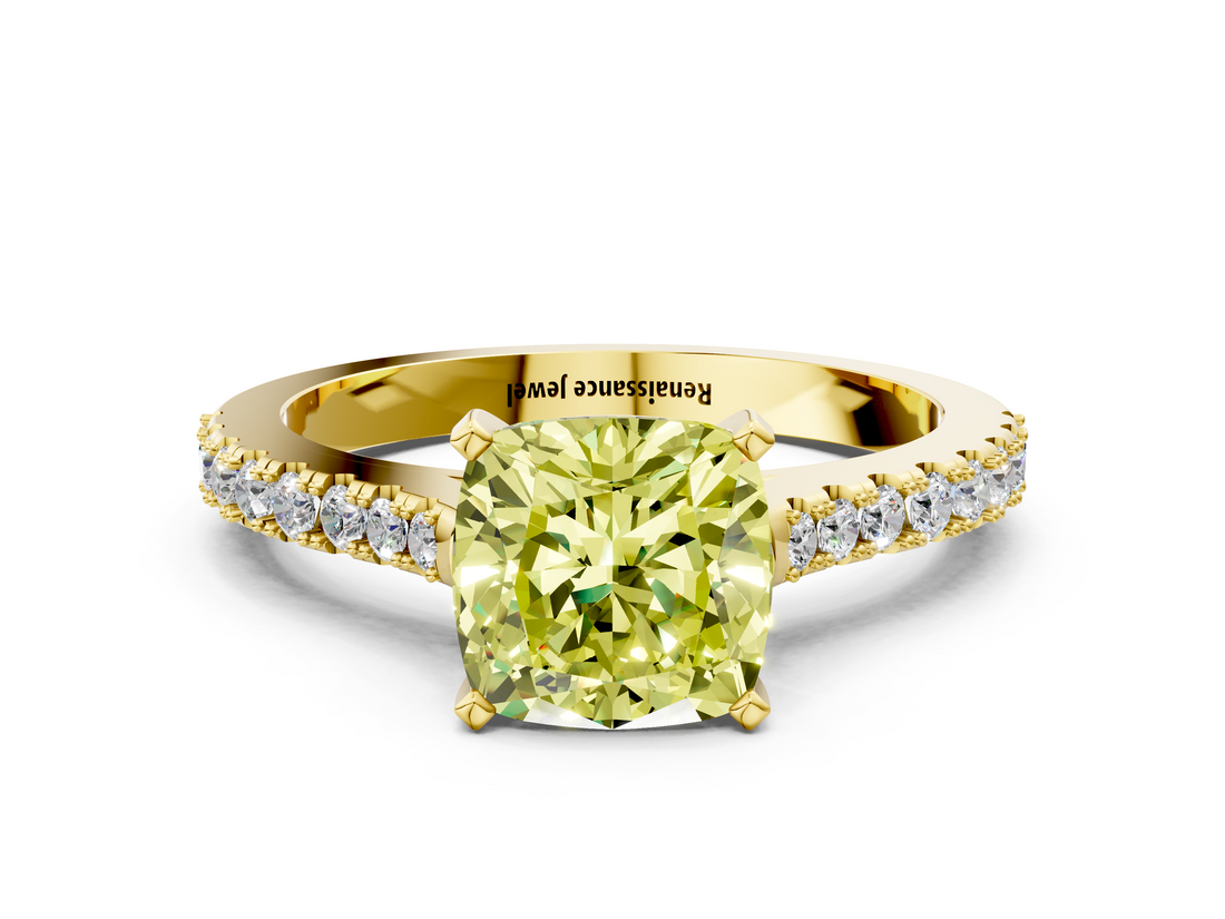 Yellow gold Fancy Yellow Cushion  Cut Solitaire Diamond Engagement Ring with Pave Band and Four-Prong Setting_146