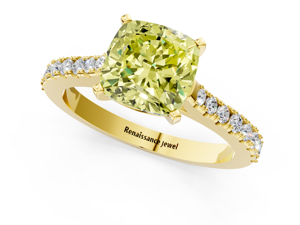 Yellow gold Fancy Yellow Cushion  Cut Solitaire Diamond Engagement Ring with Pave Band and Four-Prong Setting